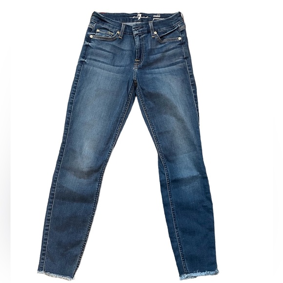 7 For All Mankind Mid Wash Low Rise Skinny Jeans with Raw Hem 26 - Picture 3 of 8